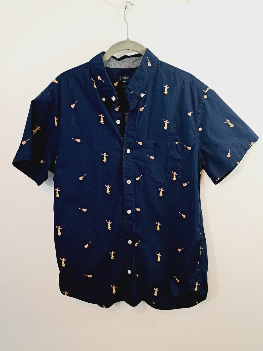 J. Crew Short Sleeve Button Down Shirt Navy Hula Dancer Ukulele Men’s M Hawaiian